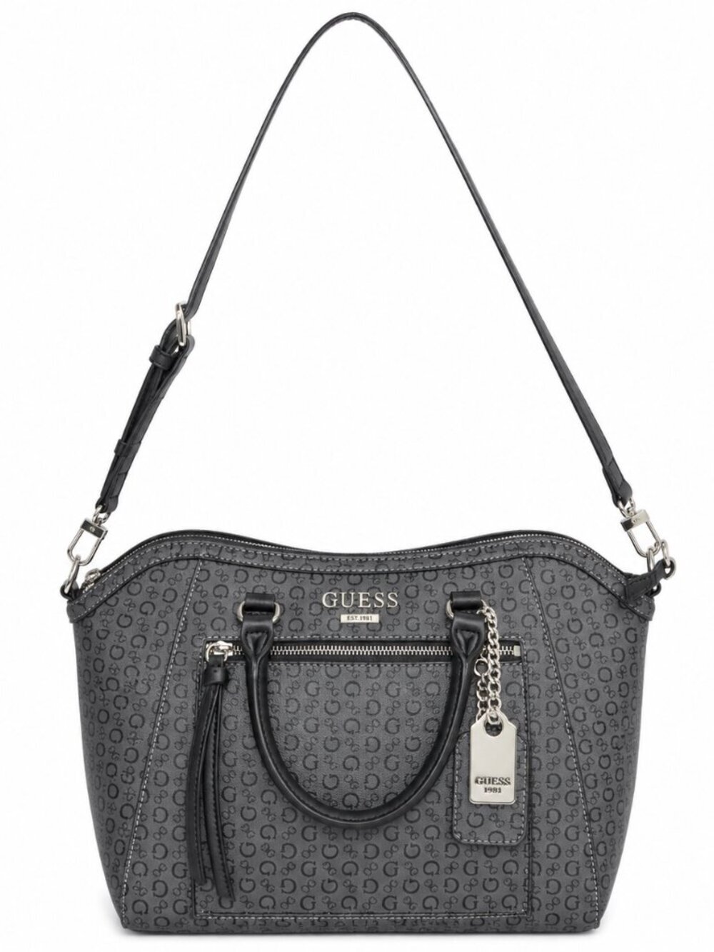 GUESS Satchel Shoulder Bag Gray Black Logo Print Dome Purse